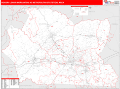 Hickory-Lenoir-Morganton Metro Area Digital Map Red Line Style
